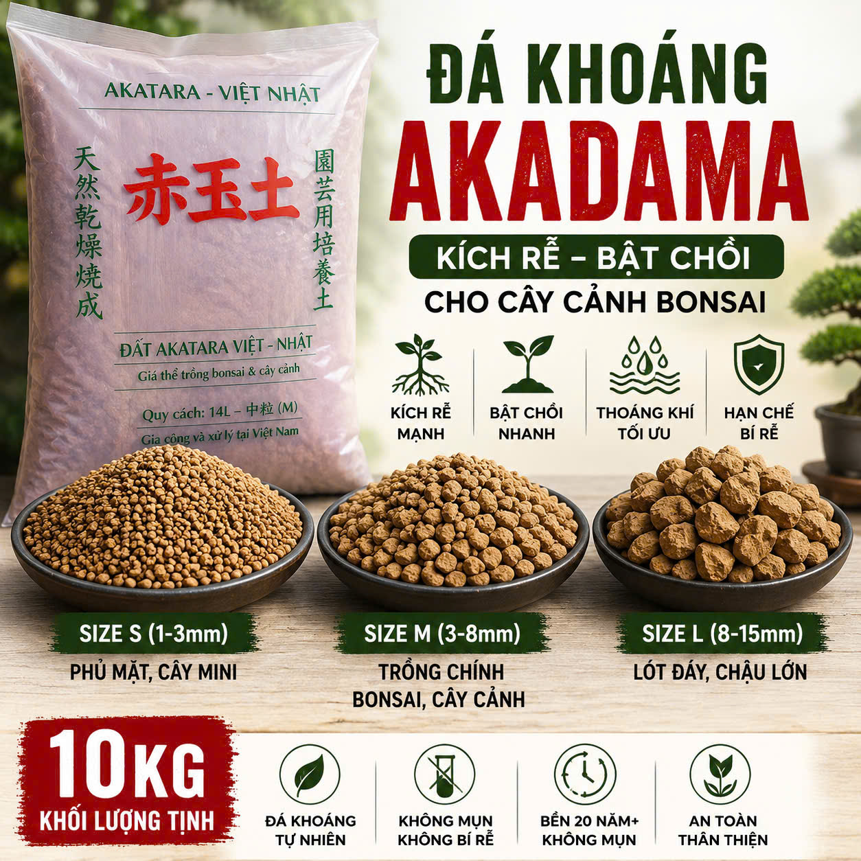 Akadama Vĩnh Cửu 10kg – Đá Khoáng Trồng Bonsai 3 Tầng, Kích Rễ Bật Chồi, Cho Muội Hồng, Linh Sam, Tùng, Mai Vàng, Duối